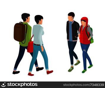 Student or college girl and boy cartoon characters back and front view vector illustrations isolated on white background. High school pupils. Student or College Girl and Boy Cartoon Characters