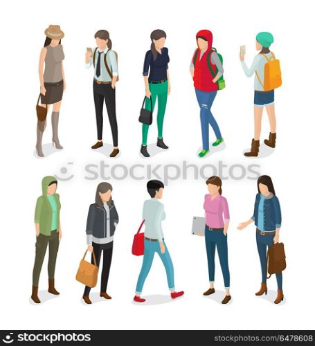 Student or College Girl Cartoon Characters Set. Student or college girl cartoon characters set isolated on white background. Woman in fashionable autumn cloth collection, fashion look style