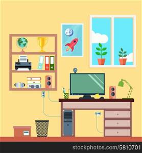 Student or freelance worker workspace in room interior flat vector illustration. Workspace In Room