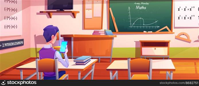Student or school boy communicate by cell phone sitting at desk in classroom front of blackboard. Mobile phone addiction, scholar networking instead of learning lesson, Cartoon vector illustration. Student or school boy communicate by cell phone