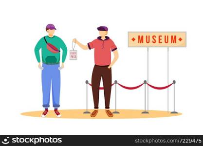 Student pass for museums flat vector illustration. Cheap travelling ideas. Discount for students. Free entrance for youth. Budget tourism isolated cartoon character on white background. Student pass for museums flat vector illustration