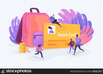 Student profile, school attendance, student identification microchip, school access concept. Vector isolated concept illustration with tiny people and floral elements. Hero image for website.. Smartcards for schools concept vector illustration.