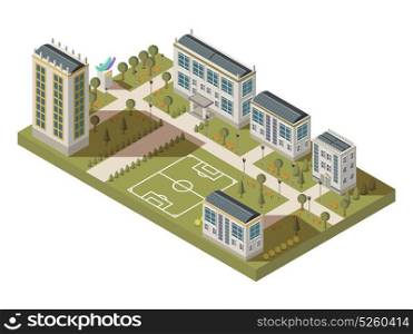 Student Quarter Isometric Landscape. Isometric university big composition with campus yard lanes houses with shadows and football playground vector illustration