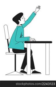 Student raising hand. Boy sitting at class table. Vector illustration. Student raising hand. Boy sitting at class table