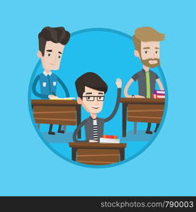 Student raising hand for an answer. Student sitting in classroom with raised hand. Clever schoolboy raising his hand at lesson. Vector flat design illustration in the circle isolated on background.. Student raising hand in class for an answer.