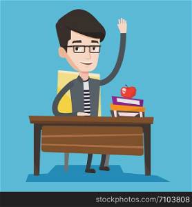 Student raising hand in the classroom for an answer. Happy student sitting at the desk with raised hand. Clever schoolboy raising his hand at lesson. Vector flat design illustration. Square layout.. Student raising hand in class for an answer.