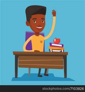 Student raising hand in the classroom for an answer. An african-american student sitting at the desk with raised hand. Schoolboy raising hand at lesson. Vector flat design illustration. Square layout. Student raising hand in class for an answer.