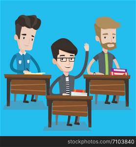 Student raising hand in the classroom for an answer. Happy student sitting at the desk with raised hand. Clever schoolboy raising his hand at lesson. Vector flat design illustration. Square layout.. Student raising hand in class for an answer.