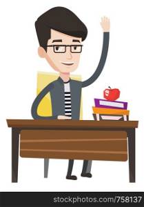 Student raising hand in the classroom for an answer. Sudent sitting at the desk with raised hand. Happy schoolboy raising hand at lesson. Vector flat design illustration isolated on white background.. Student raising hand in class for an answer.