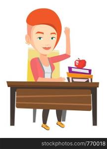 Student raising hand in the classroom for an answer. Student sitting at the desk with raised hand. Clever pupil raising hand at lesson. Vector flat design illustration isolated on white background.. Student raising hand in class for an answer.