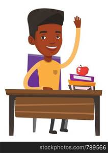 Student raising hand in the classroom for an answer. Sudent sitting at the desk with raised hand. Happy schoolboy raising hand at lesson. Vector flat design illustration isolated on white background.. Student raising hand in class for an answer.