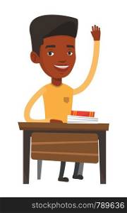 Student raising hand in the classroom for an answer. Student sitting at the desk with raised hand. Happy schoolboy raising hand at lesson. Vector flat design illustration isolated on white background.. Student raising hand in class for an answer.