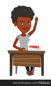 Student raising hand in the classroom for an answer. Student sitting at the desk with raised hand. Happy schoolgirl raising hand at lesson. Vector flat design illustration isolated on white background. Student raising hand in class for an answer.