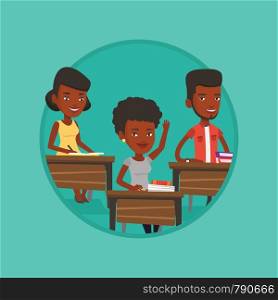 Student raising hand in the classroom for an answer. Student sitting at the desk with raised hand. Student raising hand at lesson. Vector flat design illustration in the circle isolated on background.. Student raising hand in class for an answer.