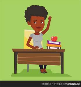 Student raising hand in the classroom for an answer. An african-american student sitting at the desk with raised hand. Girl raising her hand at lesson. Vector flat design illustration. Square layout.. Student raising hand in class for an answer.