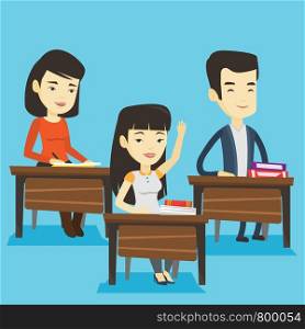 Student raising hand in the classroom for an answer. Happy student sitting at the desk with raised hand. Clever student raising her hand at lesson. Vector flat design illustration. Square layout.. Student raising hand in class for an answer.