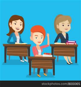 Student raising hand in the classroom for an answer. Happy student sitting at the desk with raised hand. Clever student raising her hand at lesson. Vector flat design illustration. Square layout.. Student raising hand in class for an answer.