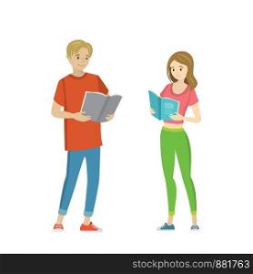 Student reading books. Cute schoolboy and schoolgirl teen isolated on white background. Vector illustration