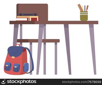 Student s school desk with stack of books and a pen holder in a cartoon style. Back to school concept. Chair and backpack, books with stationery on the table for school education isolated on white. Student s school desk with stack of books and a pen holder in cartoon style. Back to school concept