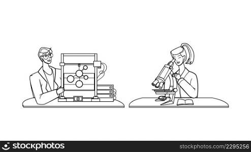 Student Science Work And Research In Lab Black Line Pencil Drawing Vector. Young Girl Student Science Looking At Microscope And Boy Teen Working With Laboratory Researchment Equipment. Character. Student Science Work And Research In Lab Vector