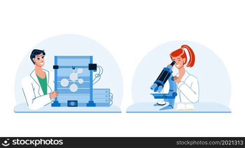 Student Science Work And Research In Lab Vector. Young Girl Student Science Looking At Microscope And Boy Teen Working With Laboratory Researchment Equipment. Character Flat Cartoon Illustration. Student Science Work And Research In Lab Vector