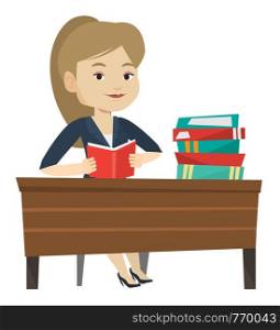 Student sitting at the table and holding a book in hands. Smiling student reading a book. Student reading a book and preparing for exam. Vector flat design illustration isolated on white background.. Student reading book vector illustration.