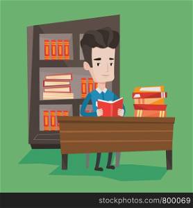 Student sitting at the table and holding a book in hands. Smiling student reading a book. Cheerful male student reading a book and preparing for exam. Vector flat design illustration. Square layout.. Student reading book vector illustration.
