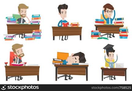 Student sitting at the table and holding a book in hands. Student reading a book. Student reading a book and preparing for exam. Set of vector flat design illustrations isolated on white background.. Vector set of student characters.
