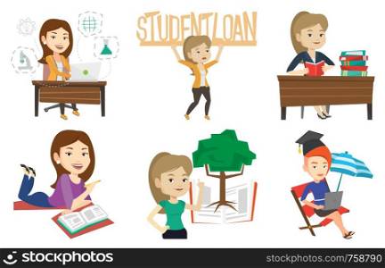 Student sitting at the table and holding a textbook. Student reading a textbook. Cheerful student preparing for exam with textbook. Set of vector flat design illustrations isolated on white background. Vector set of student and teachers characters.