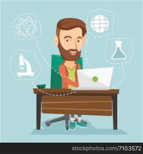 Student sitting at the table and working on laptop. Student working on laptop connected with icons of school sciences. Concept of educational technology. Vector flat design illustration. Square layout. Student working on laptop vector illustration.