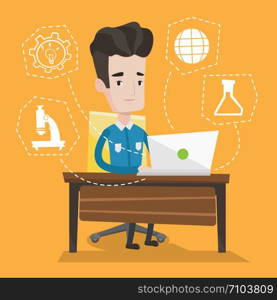 Student sitting at the table and working on laptop. Student working on laptop connected with icons of school sciences. Concept of educational technology. Vector flat design illustration. Square layout. Student working on laptop vector illustration.