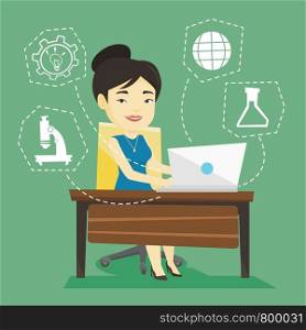 Student sitting at the table and working on laptop. Student working on laptop connected with icons of school sciences. Concept of educational technology. Vector flat design illustration. Square layout. Student working on laptop vector illustration.
