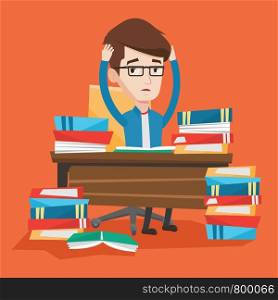 Student sitting at the table with huge piles of books and clutching his head. Stressed student reading books. Depressed student having a lot to do. Vector flat design illustration. Square layout.. Student sitting at the table with piles of books.