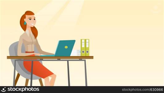 Student sitting at the table with laptop. Girl using laptop for education. Woman working on laptop and writing notes. Educational technology concept. Vector flat design illustration. Horizontal layout. Student using laptop for education.