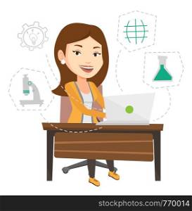 Student sitting at the table with laptop. Girl working on laptop connected with icons of school sciences. Educational technology concept. Vector flat design illustration isolated on white background.. Student working on laptop vector illustration.