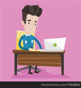 Student sitting at the table with laptop. Student using laptop for education. Man working on laptop and writing notes. Concept of educational technology. Vector flat design illustration. Square layout. Student using laptop for education.