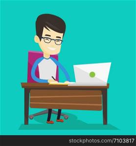 Student sitting at the table with laptop. Student using laptop for education. Man working on laptop and writing notes. Educational technology concept. Vector flat design illustration. Square layout.. Student using laptop for education.