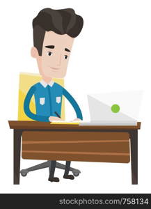 Student sitting at the table with laptop. Student using laptop for education. Happy caucasian man working on laptop and writing notes. Vector flat design illustration isolated on white background.. Student using laptop for education.