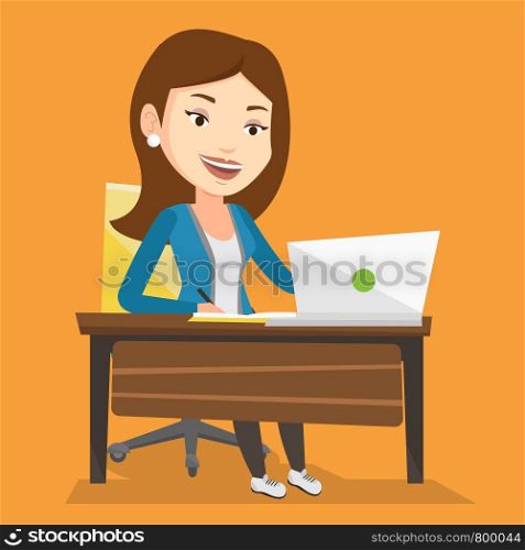 Student sitting at the table with laptop. Student using laptop for education. Woman working on laptop and writing notes. Educational technology concept. Vector flat design illustration. Square layout.. Student using laptop for education.