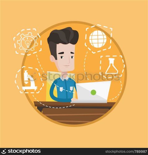 Student sitting at the table with laptop. Student working on laptop connected with school icons. Concept of educational technology. Vector flat design illustration in the circle isolated on background. Student working on laptop vector illustration.