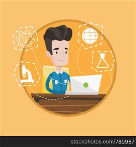 Student sitting at the table with laptop. Student working on laptop connected with school icons. Concept of educational technology. Vector flat design illustration in the circle isolated on background. Student working on laptop vector illustration.