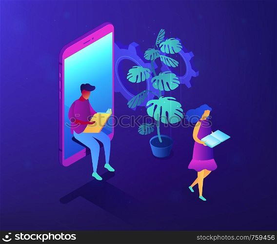 Student sitting in huge mobile phone and reading book and girl reading. Online reading, online education and courses, e-learning software concept. Ultraviolet neon vector isometric 3D illustration.. Online education concept vector isometric illustration.