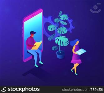 Student sitting in huge mobile phone and reading book and girl reading. Online reading, online education and courses, e-learning software concept. Ultraviolet neon vector isometric 3D illustration.. Online education concept vector isometric illustration.