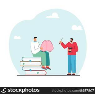 Student sitting on books, studying structure of brain at lesson. Male teacher with pointer explaining material on anatomy flat vector illustration. Education, knowledge, biology concept
