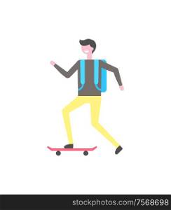 Student skating on skateboard, narrow equipment with two wheels vector isolated icon. Male skater ride on board, smiling cartoon character with backpack. Student Skate on Skateboard, Narrow Board Isolated