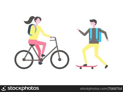 Student skating on skateboard, woman riding on bike vector isolated people. Male skater ride on board, smiling cartoon character with backpack, girl on bicycle. Student Skating on Skateboard Woman Riding on Bike