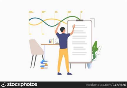 Student standing at flip chart and studying. University, graduation, information concept. Vector illustration can be used for topics like literature, knowledge, education