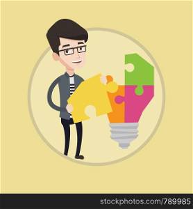 Student standing near idea bulb. Young excited male student takes apart idea bulb made of puzzle. Student having a great idea. Vector flat design illustration in the circle isolated on background.. Student with lightbulb vector illustration.