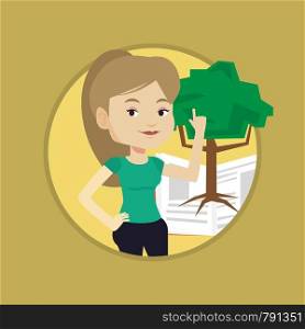 Student standing on the background of tree growing from open book. Student pointing at tree of knowledge. Concept of education. Vector flat design illustration in the circle isolated on background.. Student pointing at tree of knowledge.