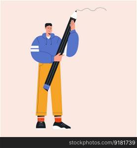 Student standing with pencil. Character draws with big pencil. Flat vector illustration. Education concept.
